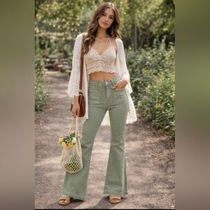 Risen Los Angeles Olive Green High Rise Patch Pocket Bell Bottom Jeans Size 29